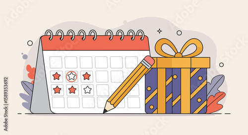 Calendar with pencil and gift box