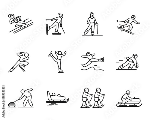 Winter Sports Vector Icon Set  Skiing, Snowboarding, Ice Skating, Figure Skating, Hockey, Curling, Luge, Sledding  Adjustable Line Weight