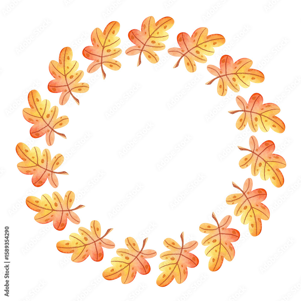 Obraz premium Watercolor round autumn frame. Botanical illustration on white background. Wedding invitation autumn. Greeting card. Yellow-orange foliage. Wreath.