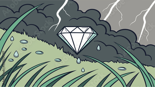 Diamond in storm illustration for jewelry design and weather concept with lightning and rain effect art