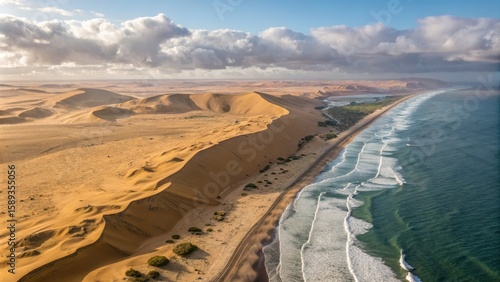 Aerial View Namib Desert Dunes Meeting Ocean, Coastal Landscape, Drone Photography, Namibia Namibia, Desert Coast