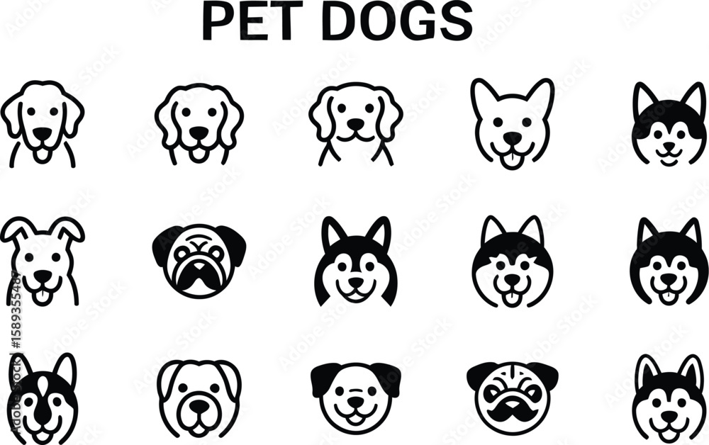 Fototapeta premium Pet Dog Face Icon Vector Set – Black and white Cute Dog Breed Line Art Collection.