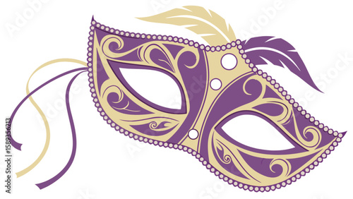 Mardi gras mask vector, venetian carnival mask, masquerade ball mask, purple and gold mask illustration