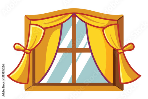 Cartoon Window Illustration Golden Frame, Closed Curtains, Interior View, Light Blue Glass and Brown Trimmings