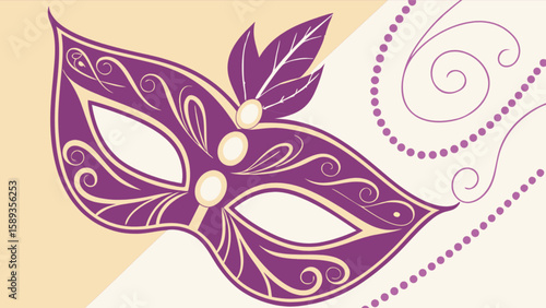 Elegant purple venetian mask with feathers and swirls for mardi gras celebration party design