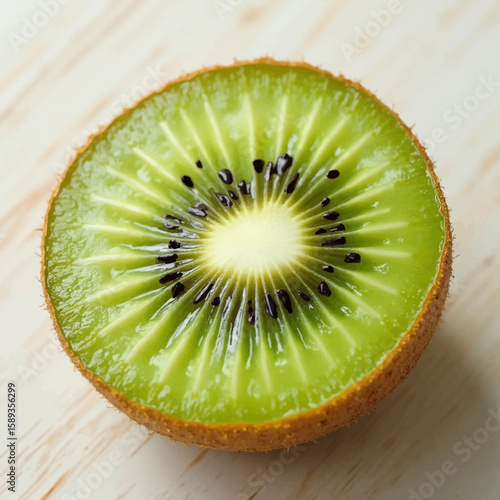 Close-up view of a halved kiwi fruit, showing the vibrant green flesh and seeds.