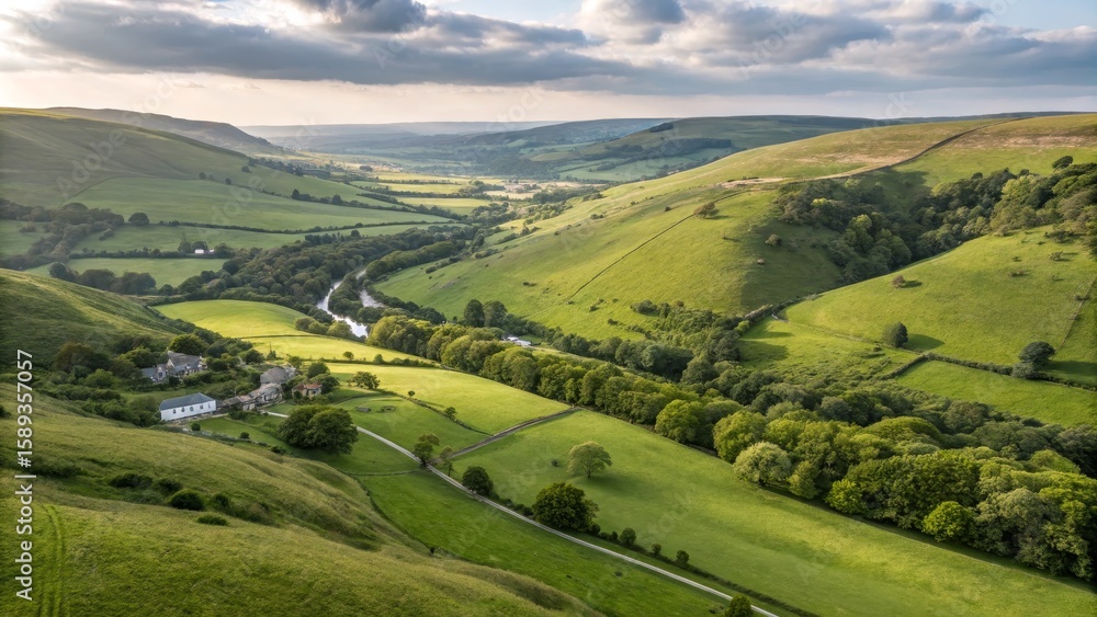 Aerial View of Verdant Valley Rolling Hills, River, Farmhouse Composition, Landscape Photography, Peak District Peak District, Aerial Photography Aerial View of Verdant Valley Rolling Hills, River, Farmhouse Composition, Landscape Photography, Peak District Peak District, Aerial Photography