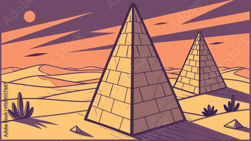 Egyptian pyramids desert landscape vector illustration ancient wonders of the world scene drawing