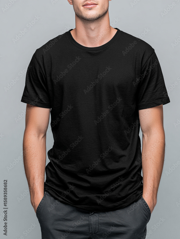 Fototapeta premium A beautiful male model wearing a black t-shirt. A product shot for fashion and apparel. best use for mockup.