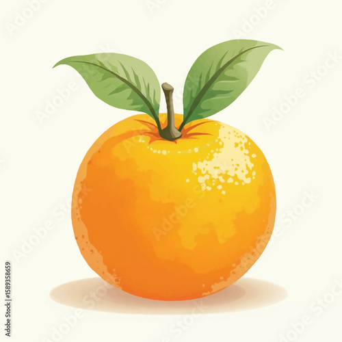 A vibrant, detailed illustration of a single, ripe orange with leaves.