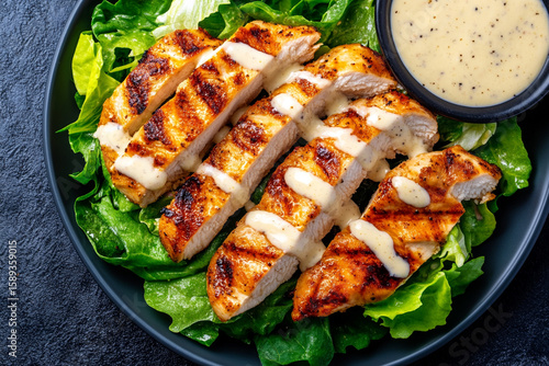 Grilled chicken fillets drizzled with creamy sauce atop a bed of fresh, vibrant lettuce on a textured black plate.