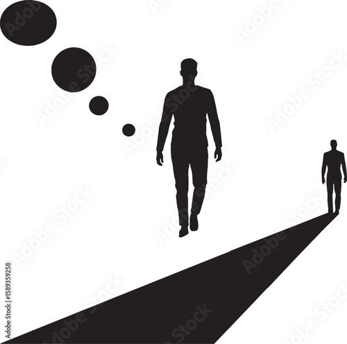 Silhouette of a person walking with thought bubbles symbolizing overthinking deep thoughts loneliness confusion decision making and introspection