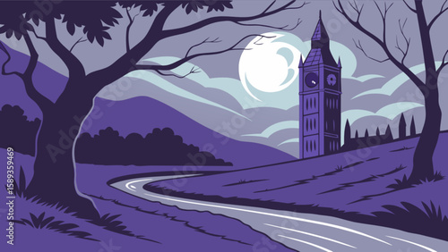 Night london cityscape illustration with big ben moon and road landscape vector graphic design art