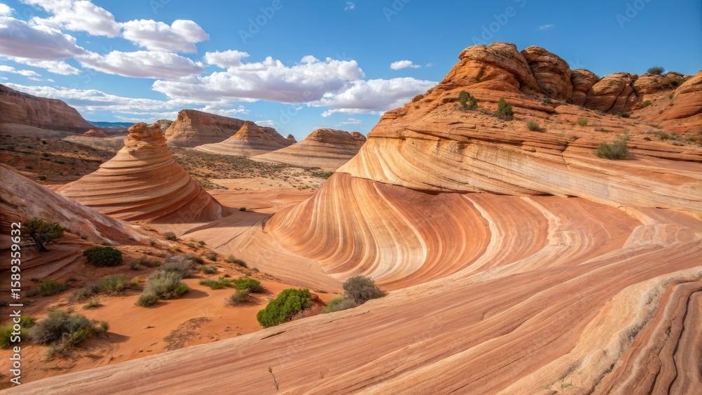Naklejka premium Arizona Wave Rock Dramatic Swirling Sandstone Formations Under Blue Sky, Landscape Photography, Desert, Paria Canyon-Vermilion Cliffs Wilderness Arizona, Sandstone formations