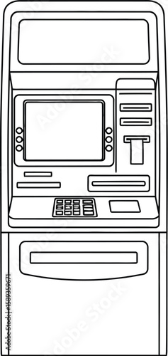 Detailed line drawing illustrates an ATM machine, perfect for financial diagrams or educational resources, in clear, clean monochrome.