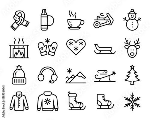 Winter Vector Icon Set  Snow, Snowflake, Mittens, Scarf, Sled, Snowman, Hot Drink, Reindeer, Sweater, Coat  Adjustable Line Weight