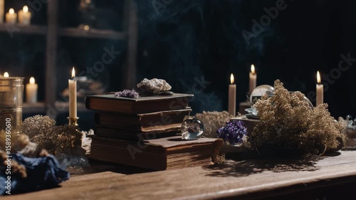 Mystical witch's setup with a smoking cauldron, ancient books, potions, and candles for Halloween.
