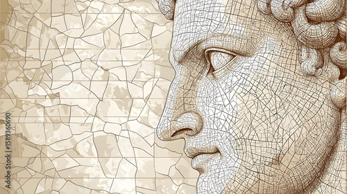 Wallpaper Mural Antique portrait bust, profile view, aged textured background.  Detailed line art of a classical head, set against a cracked,  pale beige backdrop Torontodigital.ca