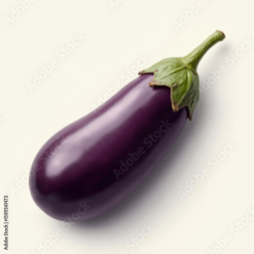 A single, vibrant eggplant with a green stem rests on a light background.