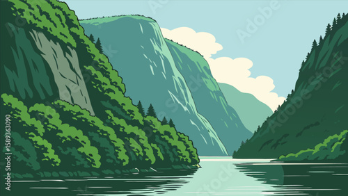 Beautiful fjord landscape scenery with mountains trees and water scenic nature background vector illustration
