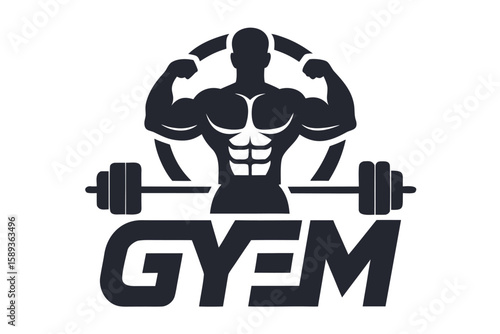 Muscular Man Logo with Barbell and GYEM Text, Representing Strength and Fitness Gym