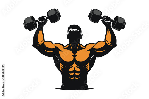 Muscular Silhouette Lifting Dumbbells Fitness, Bodybuilding, Strength Training Logo Illustration on White