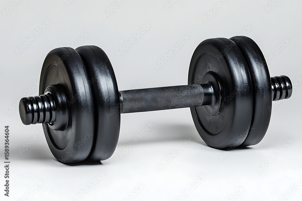 Naklejka premium Black dumbbell for strength training and fitness workout, promoting healthy lifestyle