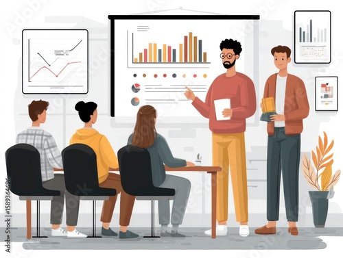 college data committee in vector meeting room reviewing graduation rates, infographic style