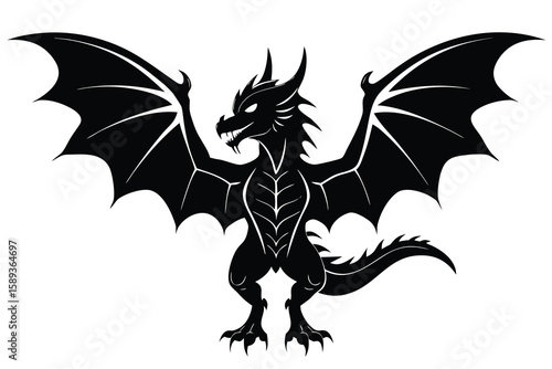 Silhouette Illustration Black Dragon with Spread Wings, Horns, and Spiked Tail on White Background