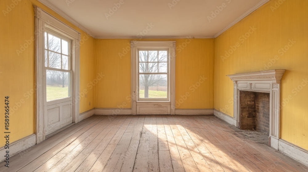 Obraz premium Empty yellow room with sunlight