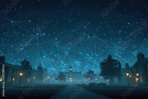 conceptual scene of glowing data constellation linking alumni to core graduation hub