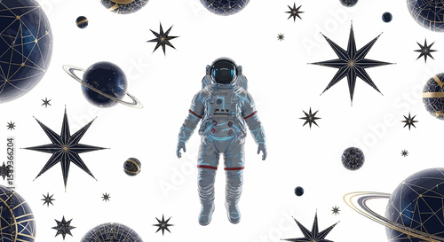 Futuristic Astronaut in Space Suit Floating in Cosmic Exploration.