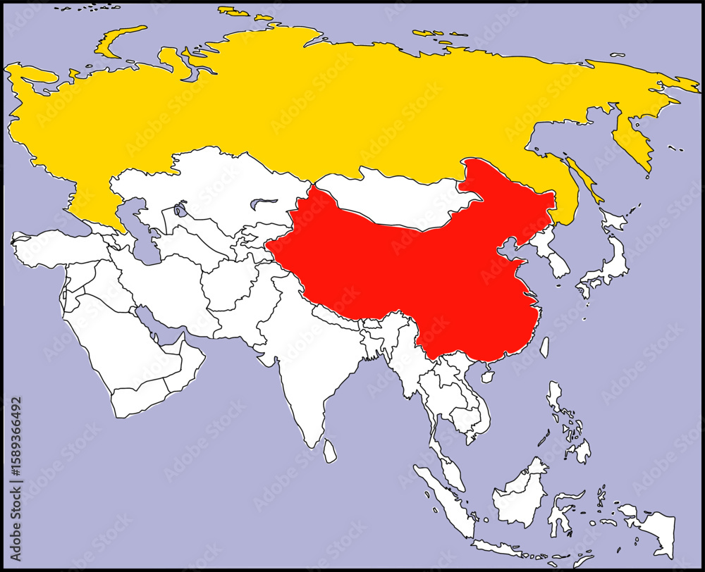Obraz premium Russia and China Map, Map of Asia highlighting Russia and China with clear borders, no text, ideal for educational, editorial, and geopolitical infographic use.