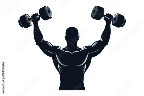 Silhouette of Muscular Man Lifting Dumbbells Overhead During Workout Session Isolated on White