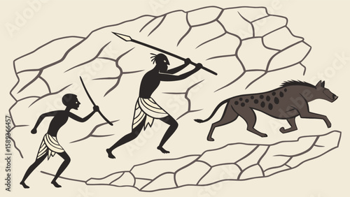 Cave painting illustration of prehistoric hunters chasing a hyena with spears in ancient times art