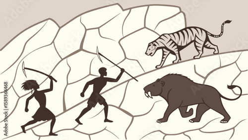 Cavemen hunting tigers and saber tooth tiger in prehistoric times with primitive tools and weapons art