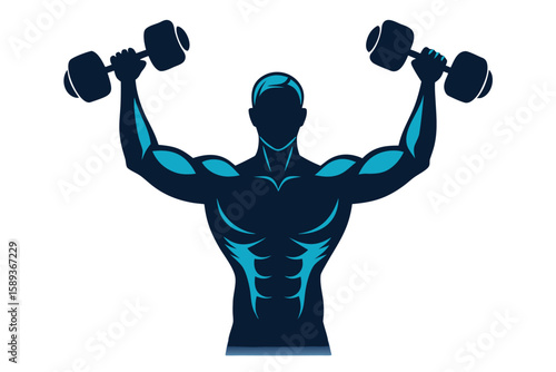 Silhouette of Muscular Man Lifting Dumbbells, Fitness and Strength Illustration on White Background