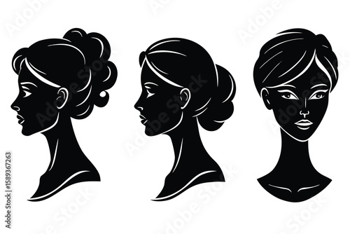 Silhouette Portrait of Three Women with Different Hairstyles, Black and White Illustration