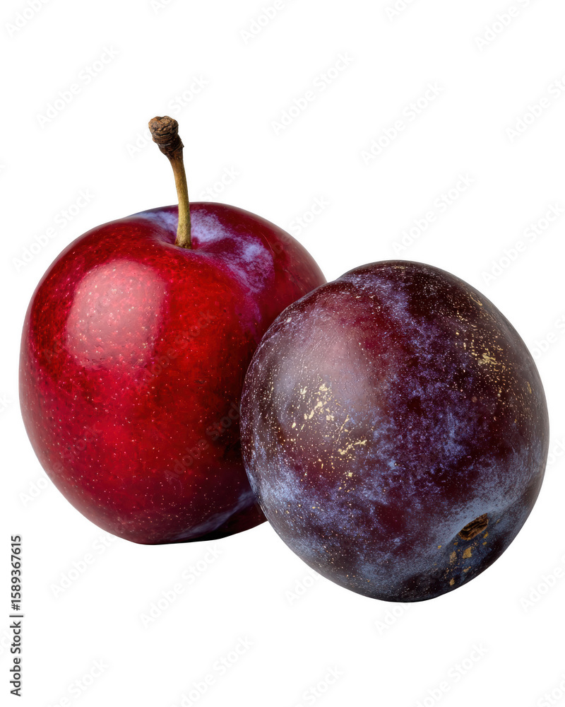 Obraz premium Two ripe plums, one deep red and the other a rich purple, sit sidebyside against a clean transparent background