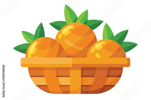 Three Round Orange Fruits with Green Leaves in a Woven Basket Illustration