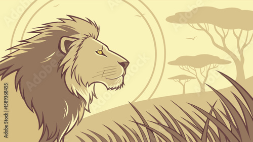 Majestic lion drawing in african savanna landscape illustration for wildlife and safari enthusiasts art