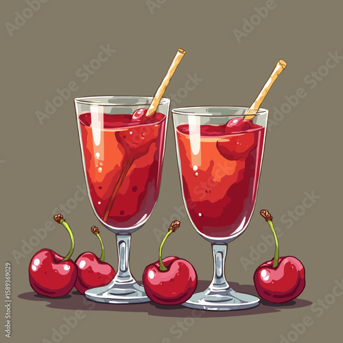 Two glasses of red cherry juice with straws, surrounded by fresh cherries.