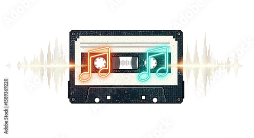 Retro Audio Cassette Tape with Neon Music Notes and Sound Waves