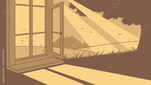 Illustration of open window with sunlight streaming in showcasing nature landscape view outside the window