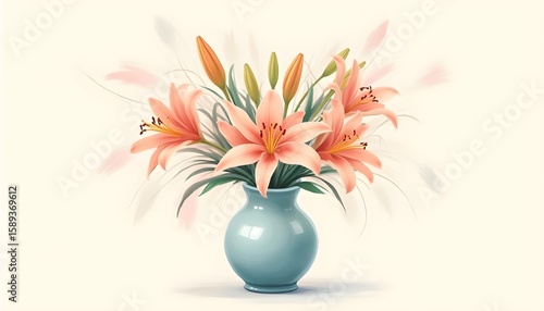 Stylized illustration of lilies in a glossy vase, where the petals transform into sweeping pastel brushstrokes.