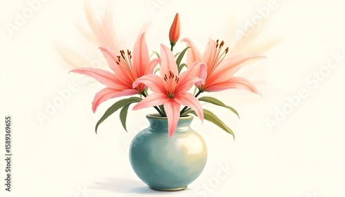 Stylized illustration of lilies in a glossy vase, where the petals transform into sweeping pastel brushstrokes.