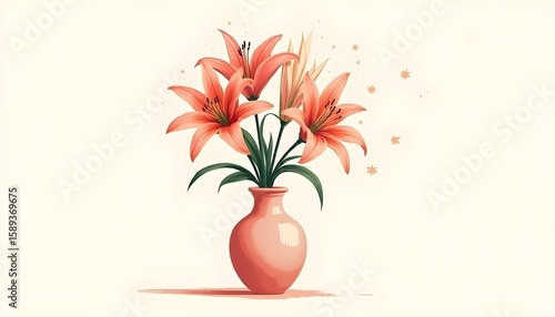 Stylized illustration of lilies in a glossy vase, where the petals transform into sweeping pastel brushstrokes.