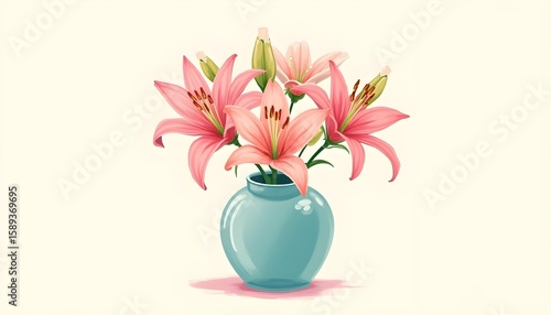 Stylized illustration of lilies in a glossy vase, where the petals transform into sweeping pastel brushstrokes.