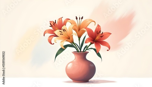 Stylized illustration of lilies in a glossy vase, where the petals transform into sweeping pastel brushstrokes.
