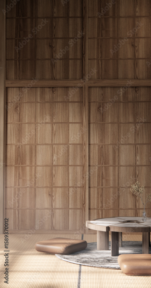 Fototapeta premium Chabudai japan traditional low table and decoration on minimal Japandi room japan style.3D rendering